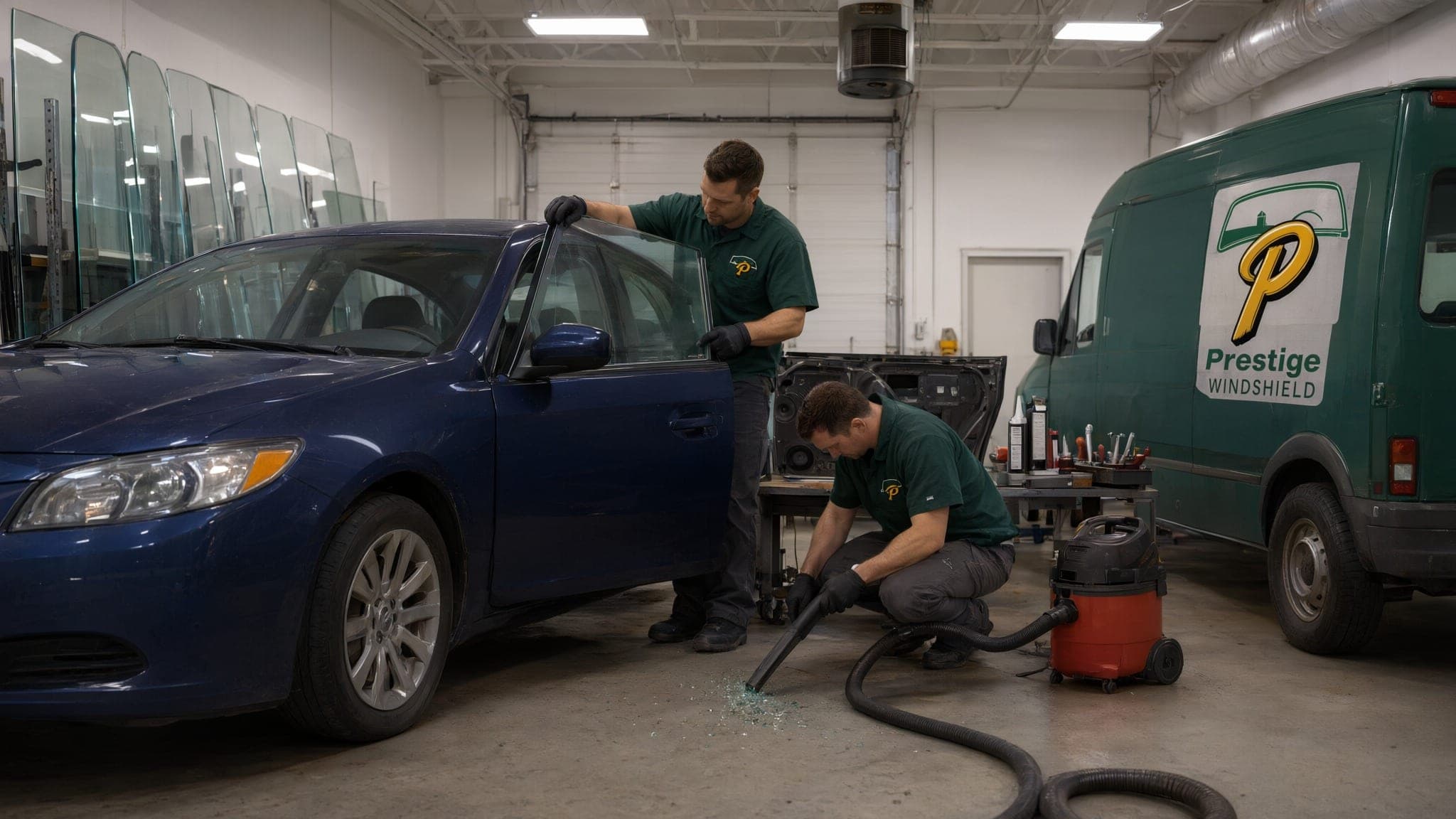 Technician fitting a new door window to a blue sedan while another vacuums glass crumbs