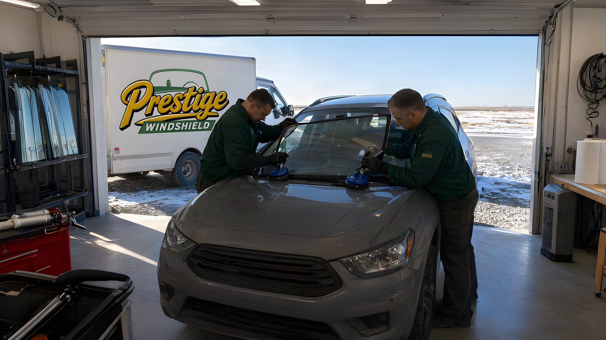 Technicians setting a windshield on a grey crossover in the shop doorway