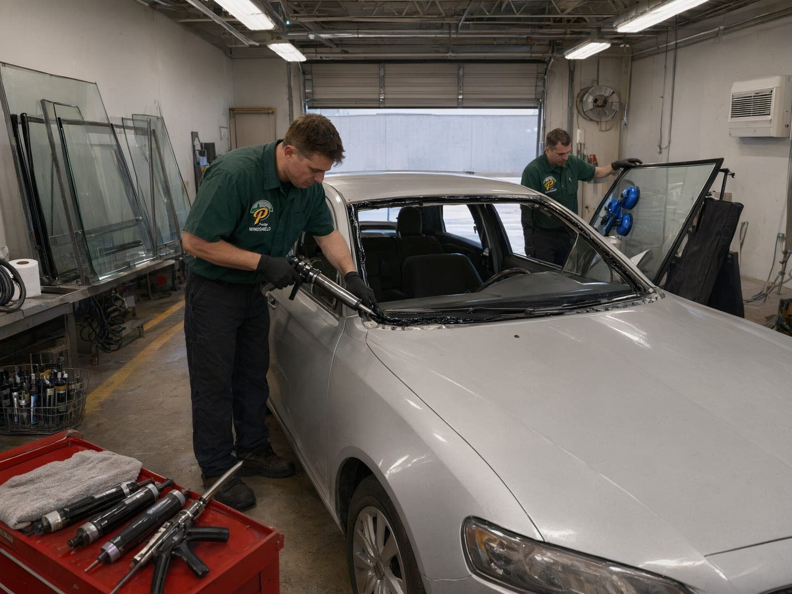Silver sedan with its windshield out while a technician runs urethane on the frame