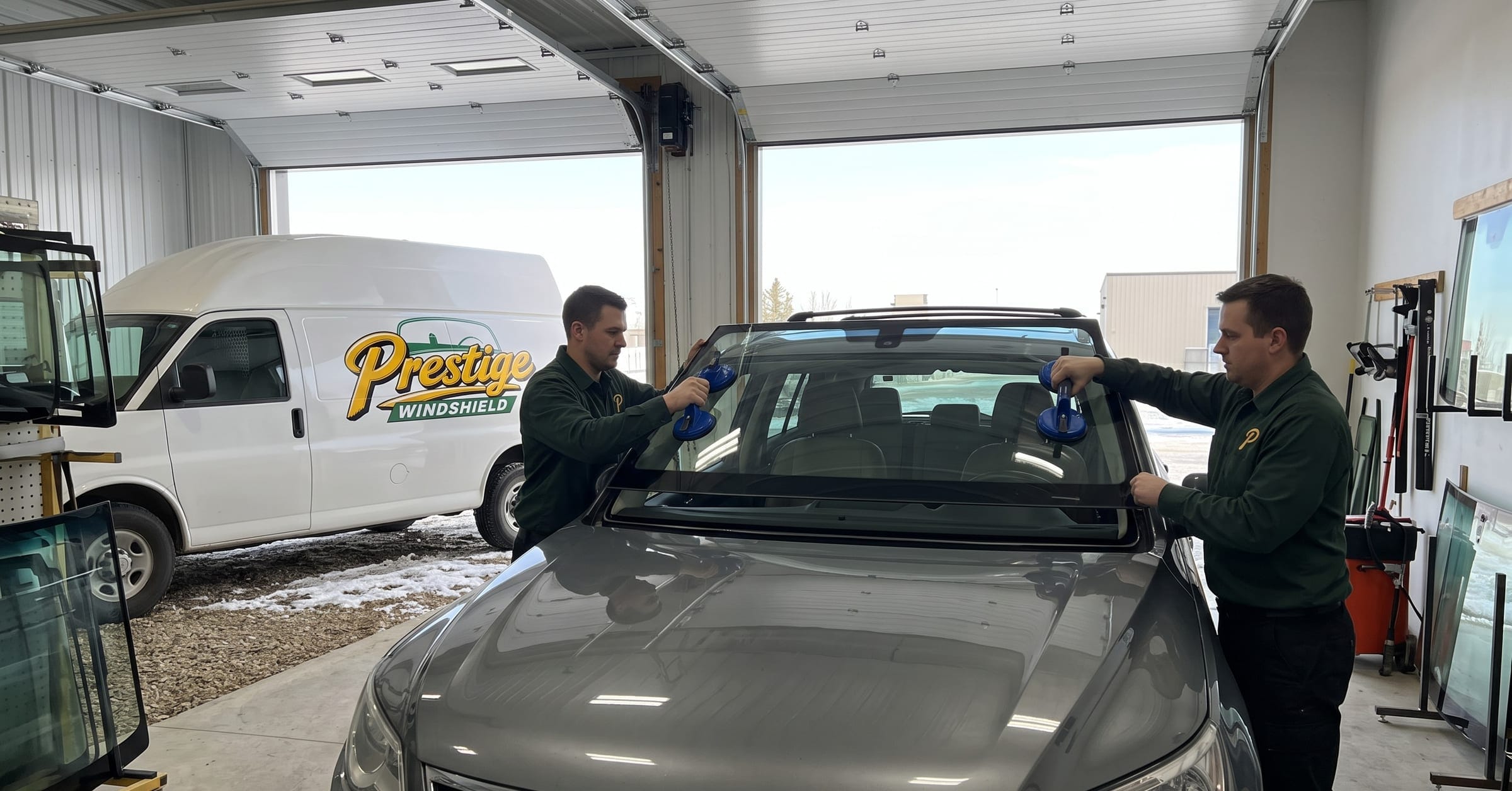 Two technicians lowering a new windshield into the empty frame of a grey SUV in the shop, the Prestige van parked outside