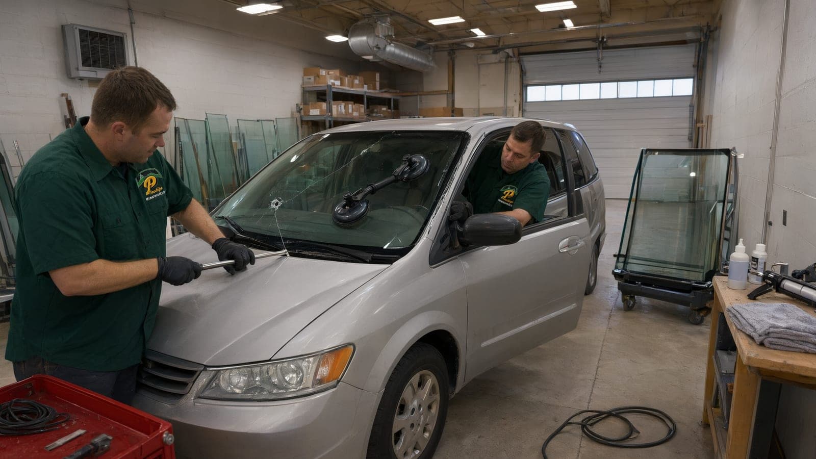 Two technicians cutting a cracked windshield out of a minivan
