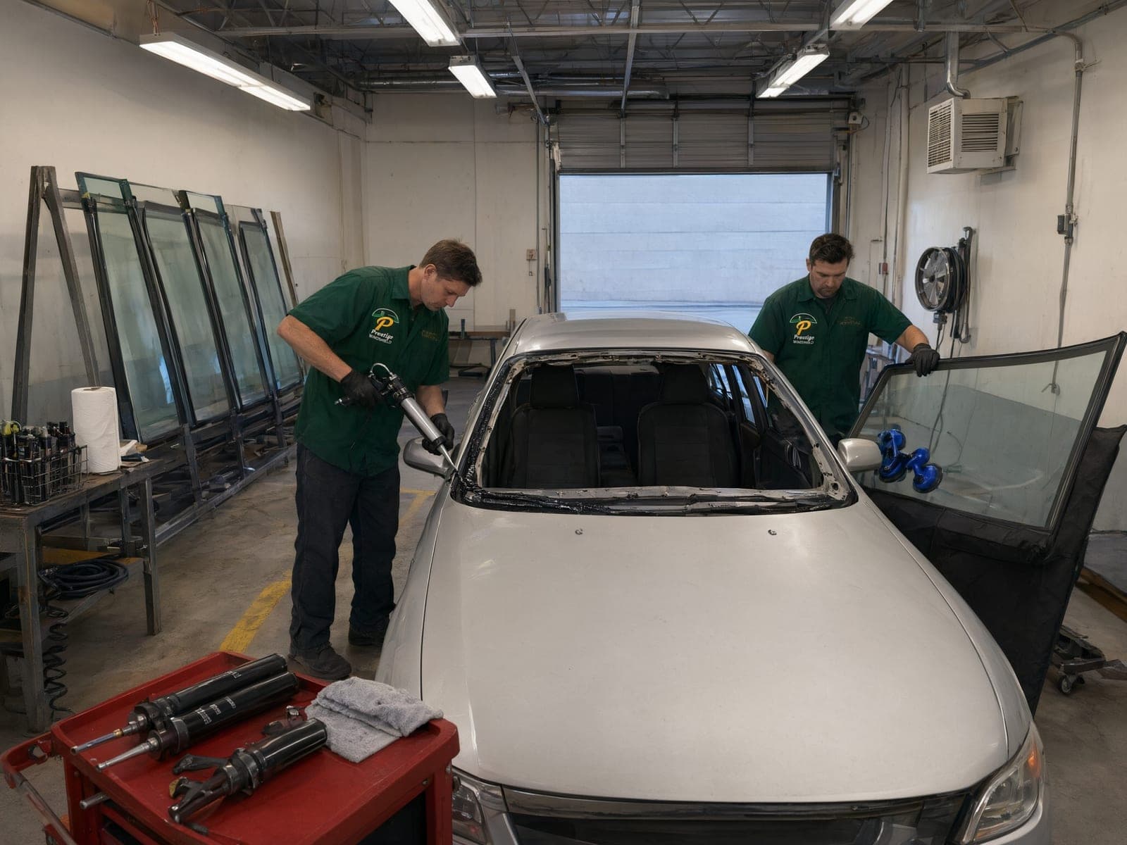 Technician running a urethane bead around the bare windshield frame of a silver car in the shop