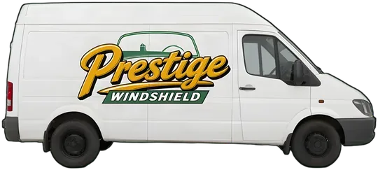 The white Saskatoon Prestige Windshield van with the logo on its side panel